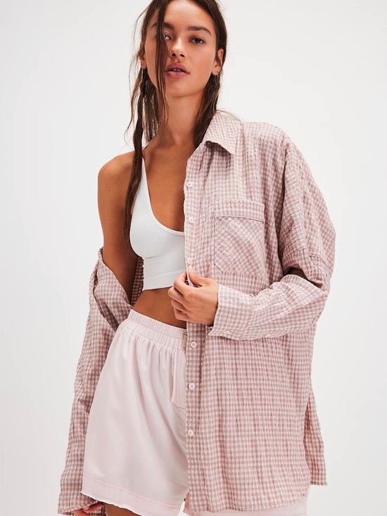 Free People Tops - Free People Lilac Gingham Oversized Button-Up Shirt